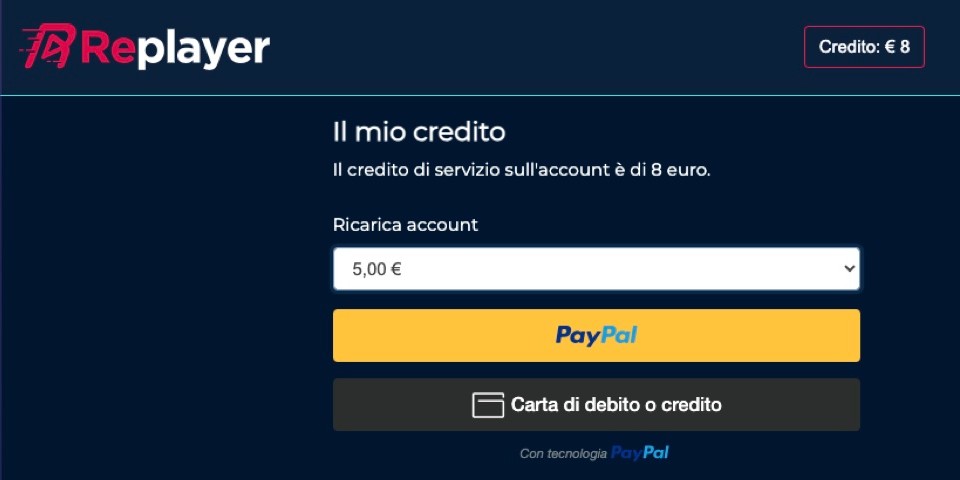 Come effettuare la ricarica dell'Account Replayer tramite carta di credito o PayPal